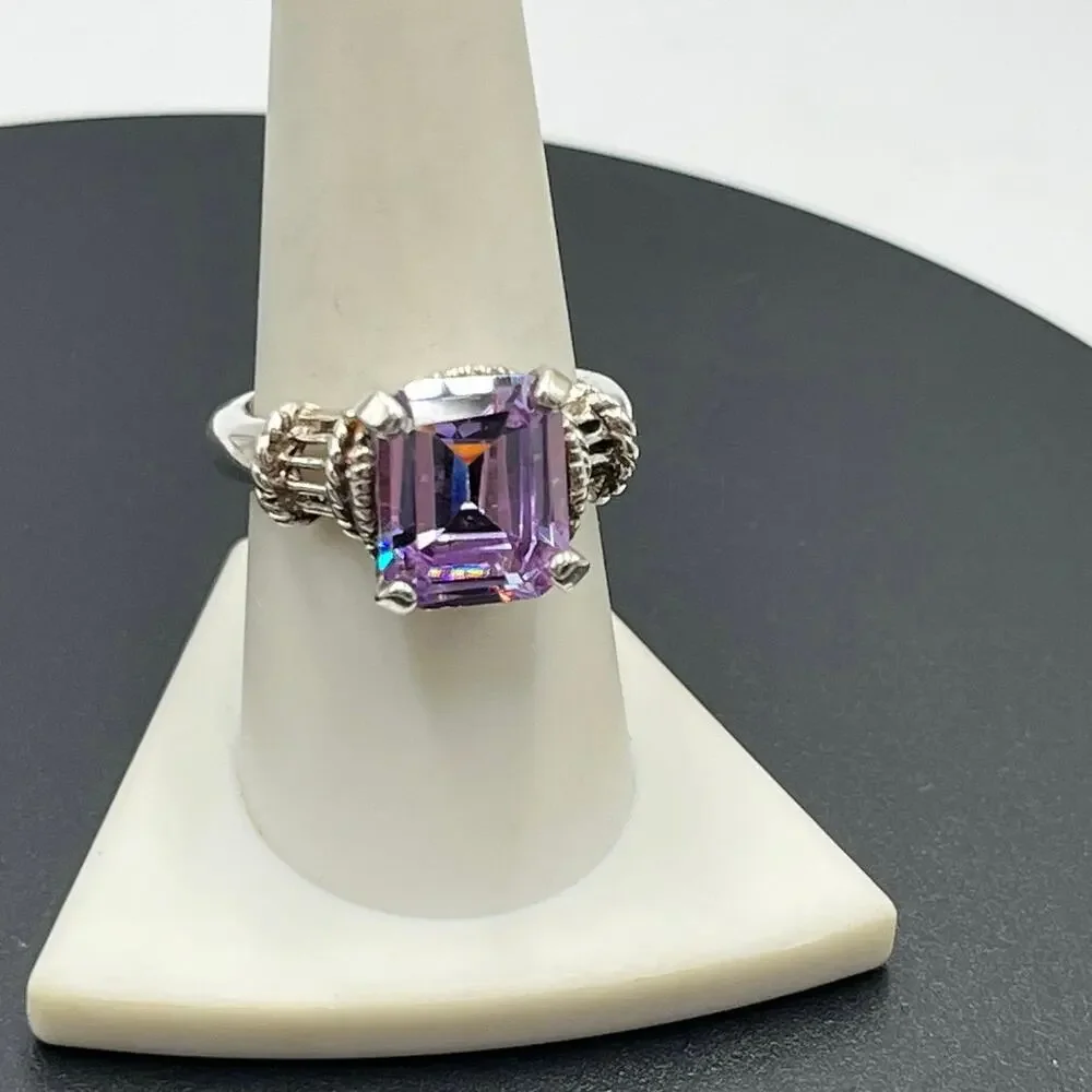 Designer 925 Sterling Silver Large Rectangle Cut Purple Blue Prong CZ Ring Sz 9